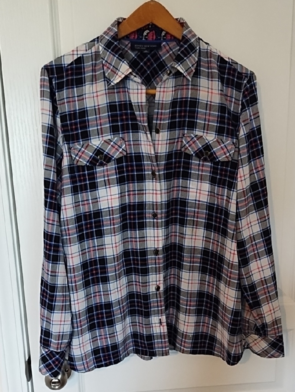 Jones New York Signature Blouse Women's Size Large Grunge Plaid Black White Red